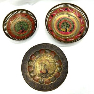 Brass & Enamel Peacock Bowls & Plate Antique Birds Floral Decorative
